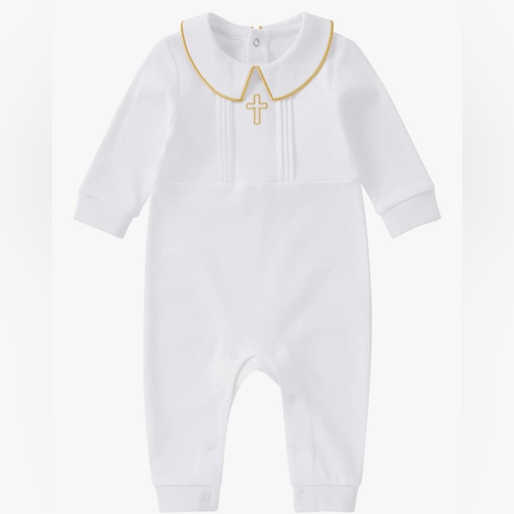 White and Gold Cross 3-6 Month Infant Baby One Piece for Baptism